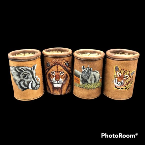 Set of 4 Vtg Africa Corps Co F MSGBn Leather Drink Holders Hand Painted Safari
